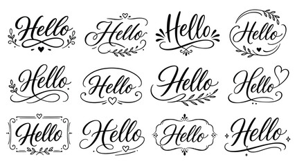 Hello greeting calligraphy vector set with handwritten script lettering and floral motifs. © MdJubayer
