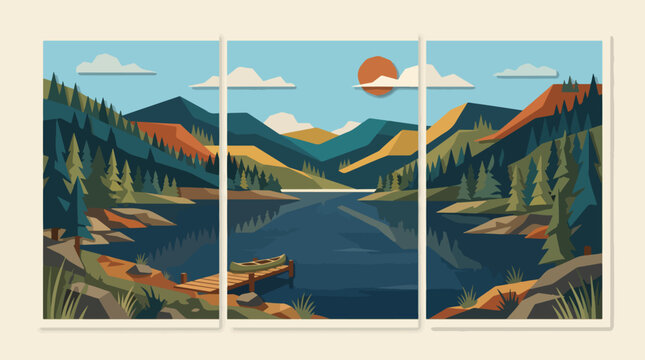Flat vector illustration showing a serene mountain lake landscape with pine trees a wooden dock and a small canoe boat