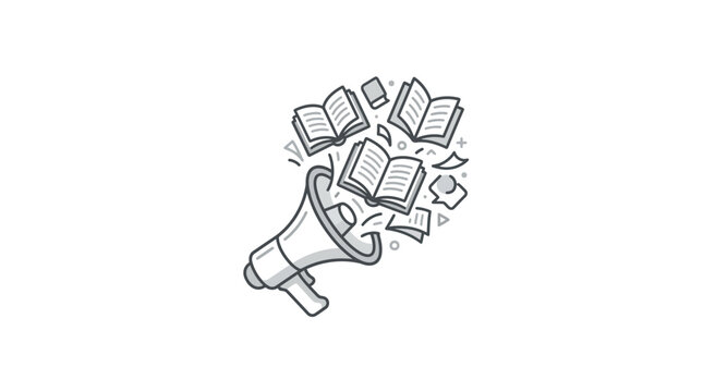 Sleek Gray Line Drawing of Megaphone Amplifying Open Books Symbolizing Knowledge Sharing and Education