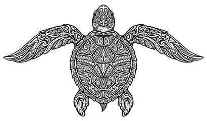 Sketchy Tribal Sea Turtle Black and White Vector Illustration with Polynesian Inspired Ornamental Patterns © Md