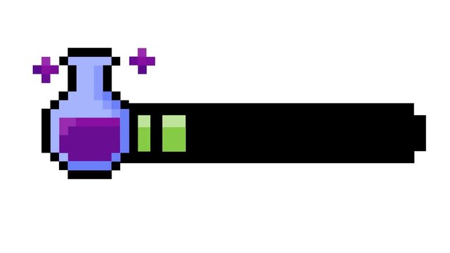 Retro pixel art purple potion and status bar graphic. Digital UI element indicating player health or mana levels for fantasy video games