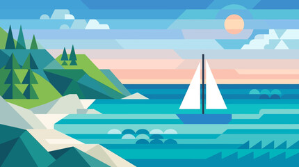 Naklejka premium Sailing boat on a serene ocean landscape.