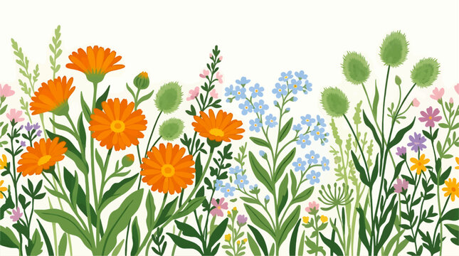 Flat Design Wildflower Border Illustration with Orange Calendula, Blue Forget-Me-Nots, and Green Grasses on White Background, Vibrant Summer Meadow Botanical Graphic