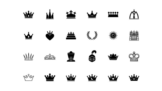 Crowns Arranged in a 4x6 Grid with Various Designs and Styles Featuring Crown, Royal, Icon with Design and Symbol Elements