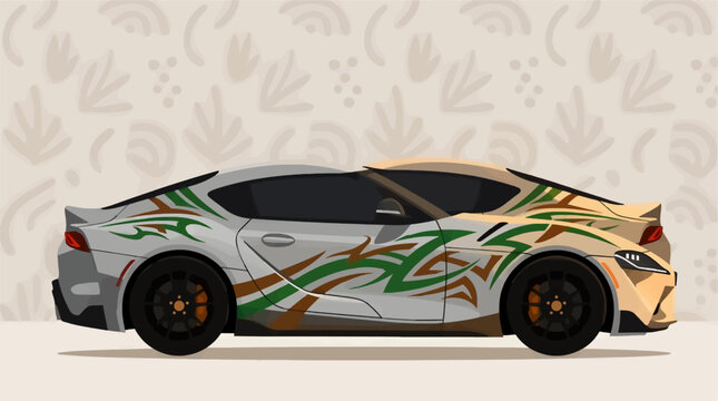 Flat Design Vector Illustration of a Sleek Modern Sports Car in Side Profile, Featuring a Dynamic Camouflage-Style Graphic in Green and Brown Tones on a Light Beige Abstract Patterned Background