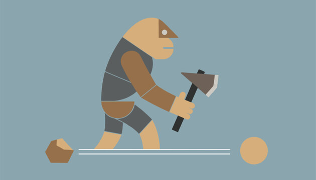 Prehistoric caveman carrying a stone axe and walking along a path between two rocks in a minimalist design style.