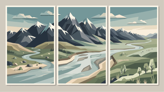 Modern vector graphic illustration featuring a triptych of majestic snow capped mountain ranges with a flowing river and green valleys