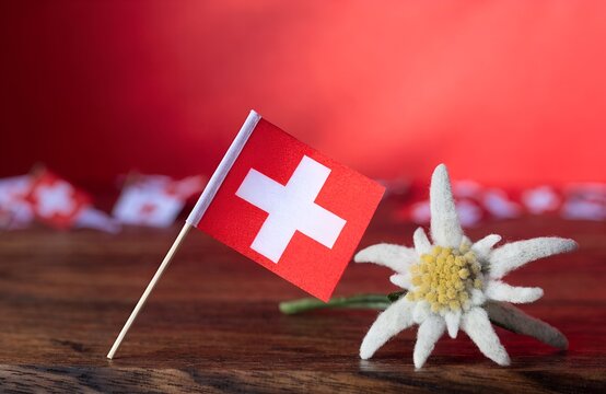 Swiss National Day Celebration August 1: Mountains, Flag, Alphorn, Goat, Edelweiss Illustration, Swiss National Day Celebration 1 August Typography