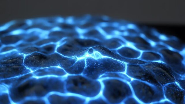 Close-up view of a textured surface glowing with electric blue lines forming irregular, interconnected cells. Soft reflections and dark recesses suggest liquid depth and a luminous, organic lattice.
