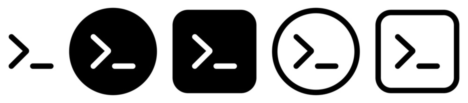 Command prompt button icon set with CLI, console and shell symbols. Terminal command icons for app and web interface, developer tools, coding and automation