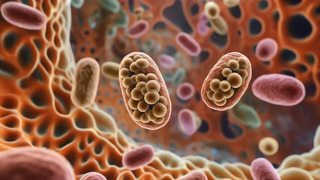 Close-up view of a vascular tissue landscape featuring rounded cells, tubular channels and scattered particles.Warm orange-pink hues swirl around a mesh, evoking dynamic microcosm activity in motion