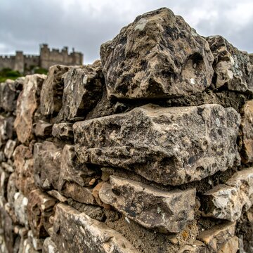 Close-up of a weathered stone wall with a castle in the background.