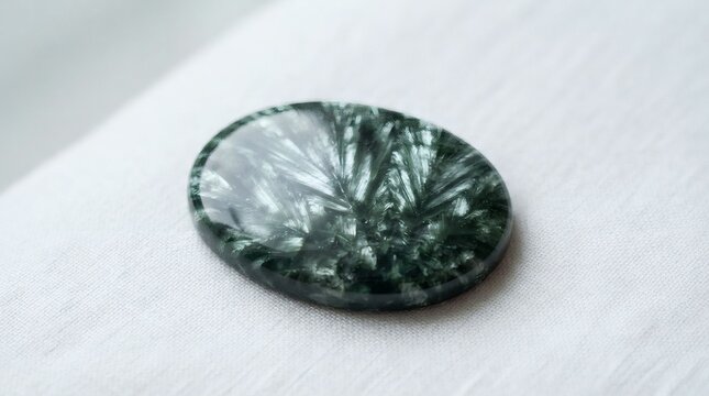 Oval Polished Seraphinite Gemstone Featuring Distinctive Feathered Green Chlorite Inclusions for Jewelry Design and Mineral Collection Display