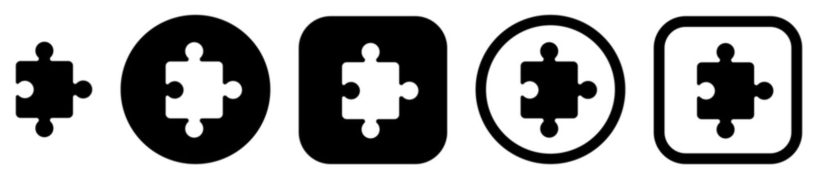Puzzle piece button icon set with extension, plugin, addon and module symbols. Integration icons for app and web interface, UI components and software development