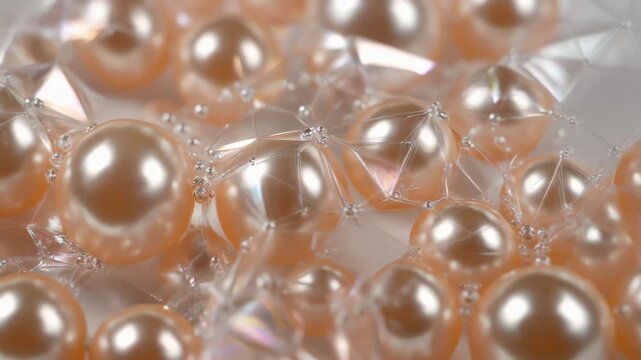 Macro closeup reveals a cluster of pale peach pearls linked by clear threads each bead smooth and lustrous catching light with subtle iridescence. The composition feels airy, tactile, and decorative