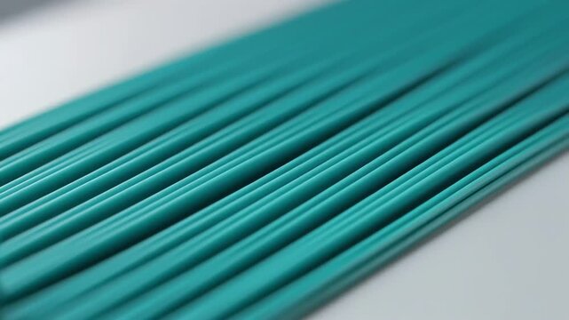 Macro view of teal toothbrush bristles in neat parallel rows; shallow focus softens the background, while glossy plastic tips catch light to reveal uniform texture and crisp geometry.