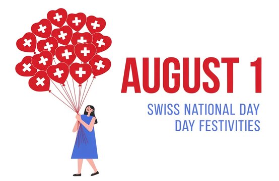 Swiss National Day Celebration August 1: Mountains, Flag, Alphorn, Goat, Edelweiss Illustration, Swiss National Day Celebration 1 August Typography