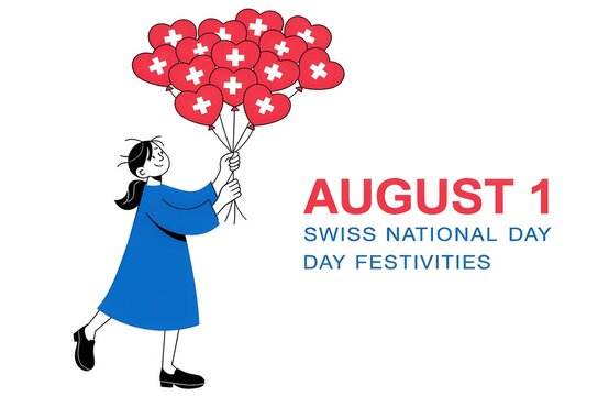 Swiss National Day Celebration August 1: Mountains, Flag, Alphorn, Goat, Edelweiss Illustration, Swiss National Day Celebration 1 August Typography