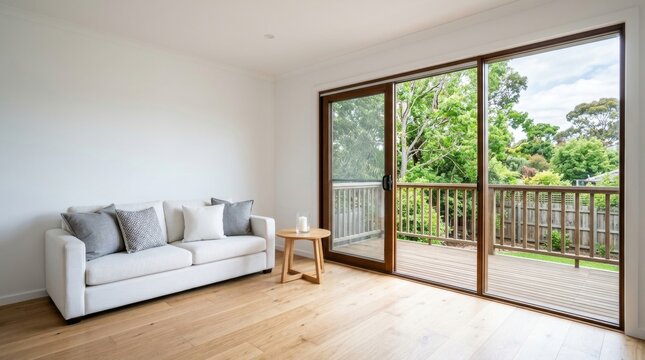 Spacious room with large window, balcony view, white Interior of modern minimalist living room. empty