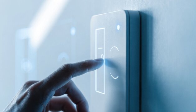 A hand interacts with a modern touch sensitive wall panel for smart home control