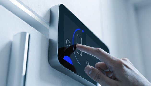 A hand interacts with a modern touchscreen smart home panel mounted on a wall