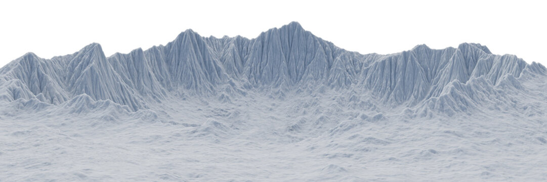 Snowy mountain range terrain element isolated on transparent background, winter glacier peaks and frozen valley surface for landscape design, Png and 3d rendering