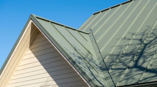 New metal roof and side of a modern house, clear blue sky background, tree shadow on rooftop.