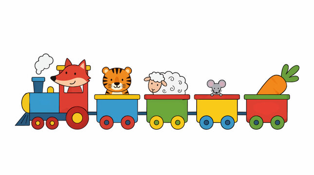 Cute Flat Vector Illustration of a Colorful Toy Train with Smiling Animals: Fox, Tiger, Sheep, and Mouse, Carrying a Large Carrot in the Last Carriage, White Background