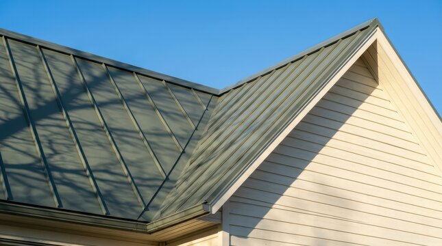 New metal roof and side of modern house, blue sky background, tree shadow, sunlit architectural detail.