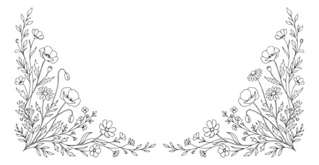 Fototapeta premium Hand drawn floral corner border, elegant wildflower line art frame, minimalist botanical sketch vector for wedding invitations and stationery