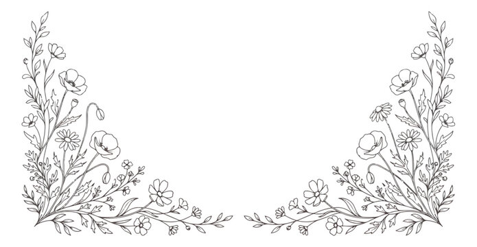 Hand drawn floral corner border, elegant wildflower line art frame, minimalist botanical sketch vector for wedding invitations and stationery