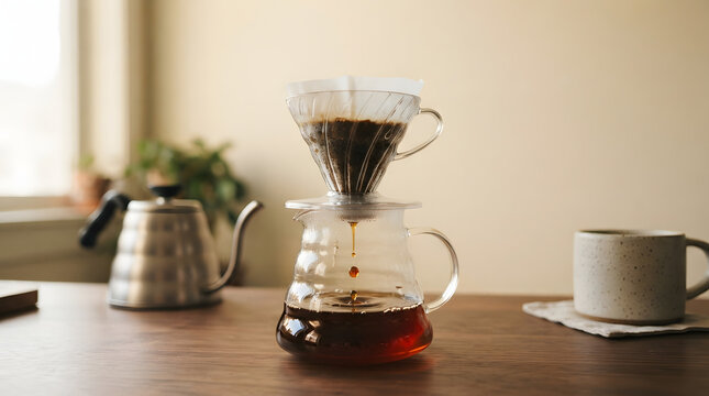 Close-up of manual pour over coffee dripping from glass V60 dripper into transparent server on a wooden table