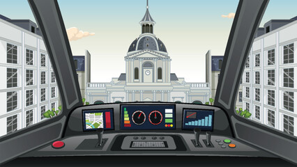 Vector Illustration of a Modern Train Cockpit View Facing European Architecture © blueringmedia