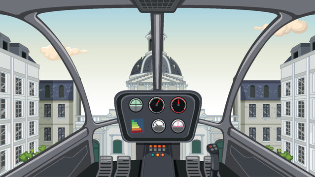 Helicopter Cockpit View Flying Over European City Buildings Vector Illustration