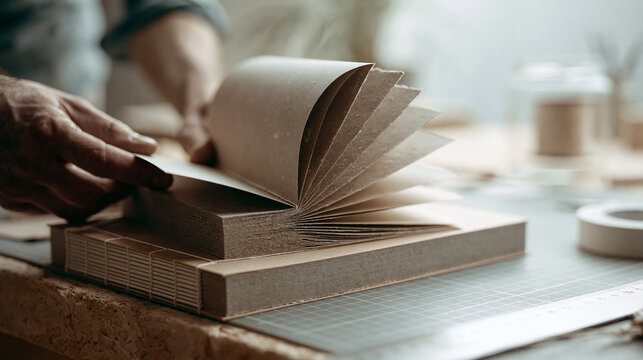 A person flips through the pages of a handmade book with a visible stitching binding on a work desk.