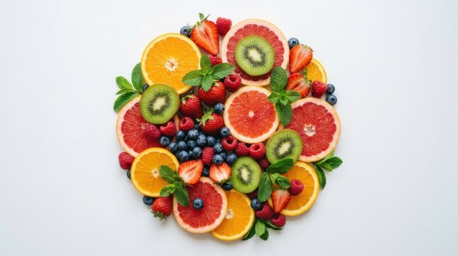 Vibrant Fruit and Berry Flat Lay with Mint Fresh mixed strawberries, blueberries