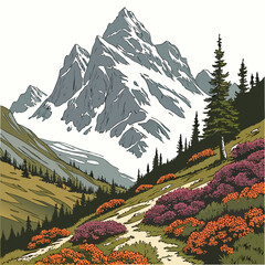 Scenic mountain landscape featuring a snow-covered peak towering over a valley with purple flowers and orange autumn vegetation © md ruhul11