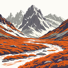 Artistic of a vast mountain valley with a winding river, snow capped peaks, and orange autumn vegetation under a clear sky © md ruhul11