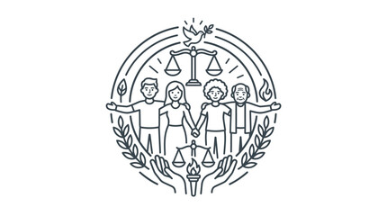 Obraz premium Creative Black and White Line Drawing of Unity Justice and Diversity with Symbols of Law Peace and Enlightenment