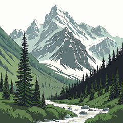 Scenic of a snow capped mountain range towering over a lush green valley with a flowing river and dense pine forest landscape © md ruhul11