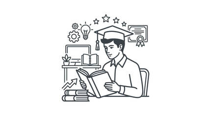 Fototapeta premium Elegant Black and White Line Drawing of Graduate Student Studying with Academic Symbols and Achievements