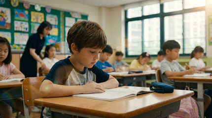 Fototapeta premium Young student writing at a desk in a bright elementary school classroom