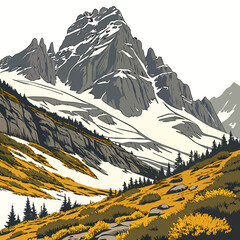 Rugged mountain trail leading through a rocky valley with autumn vegetation and snow-capped peaks in a scenic wilderness landscape view © md ruhul11