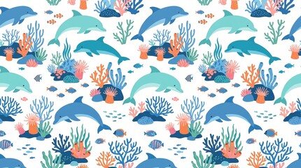 Fototapeta premium Seamless pattern of playful dolphins swimming among colorful coral reefs and marine life.