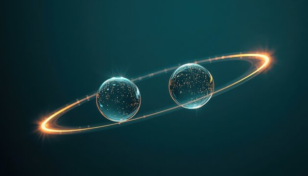 Two glowing spheres representing atomic particles connected by a shimmering warm golden orbital ring against a deep dark background illustrating scientific research and quantum theory with particles