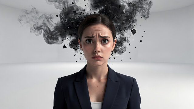 Stressed businesswoman with dark smoke and debris exploding from head, concept for mental health, burnout and pressure at work