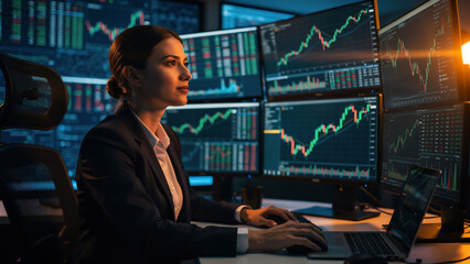 Fototapeta premium Woman trader focused on stock market graphs on multiple monitors, with dramatic lighting, ideal for financial analysis, trading platforms and business intelligence