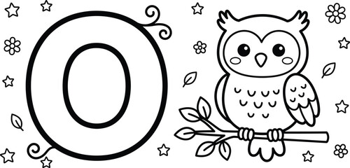 Fototapeta premium Alphabet coloring page for children featuring letter o and a cute owl drawing with stars and flowers.
