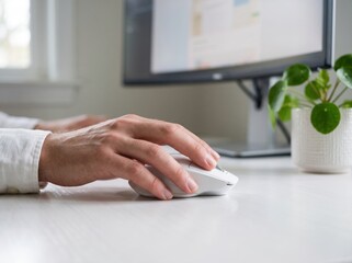 Fototapeta premium Close up of a person hand resting on a white computer mouse on a white desk with a blurred monitor and a small green potted plant in the background in a bright room
