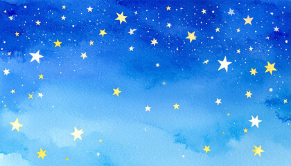 Fototapeta premium Blue Watercolor Night Sky Background with Golden Stars